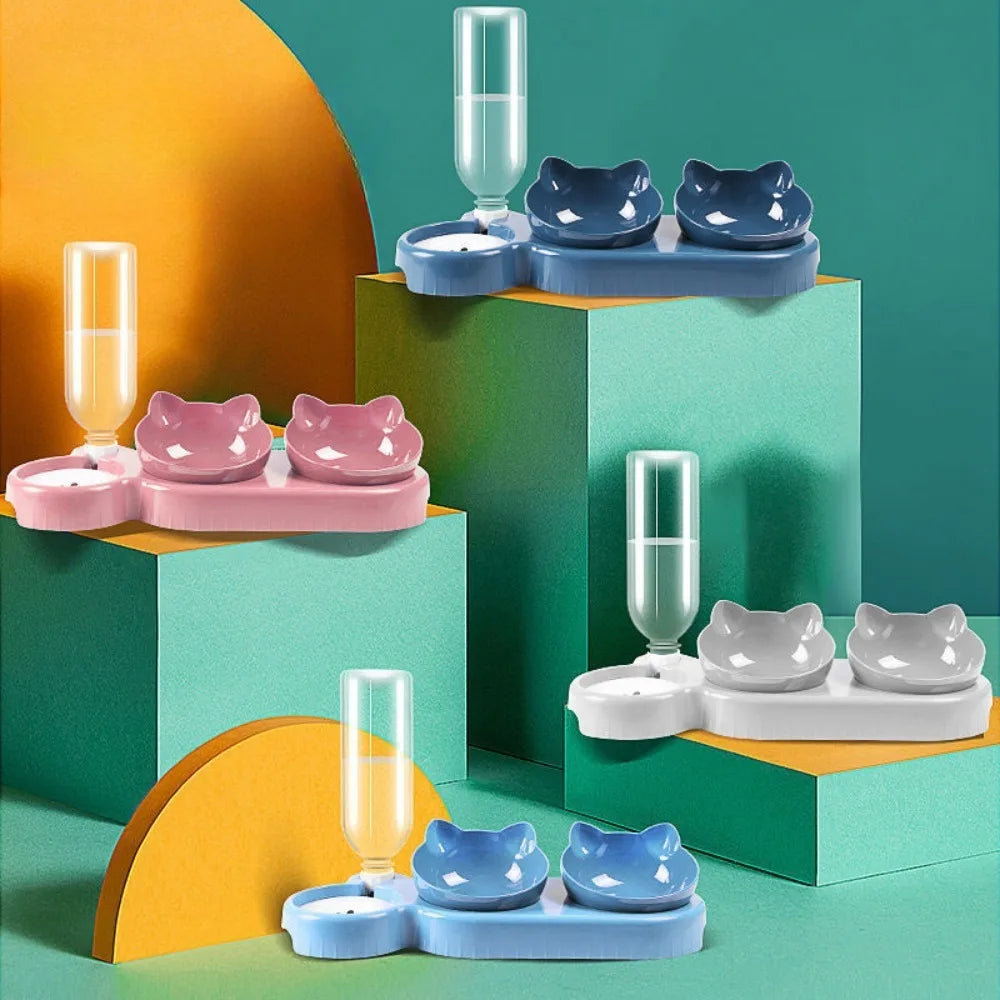 Cat Bowl Double Bowl Protects Cervical Vertebra Automatic Drinking Water Prevents Overturning Food Bowl Dog Bowl Cat Supplies