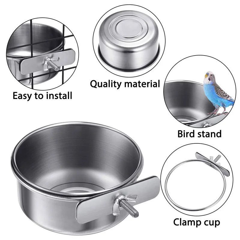 Rabbit Pet Food Dish Hamster Stainless Steel Clamp-on Water Drinker Bird Feeder Parrot Feeding Bowl Cage Cup