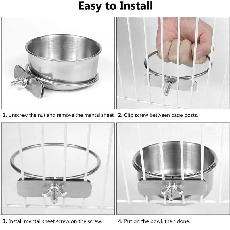 Rabbit Pet Food Dish Hamster Stainless Steel Clamp-on Water Drinker Bird Feeder Parrot Feeding Bowl Cage Cup