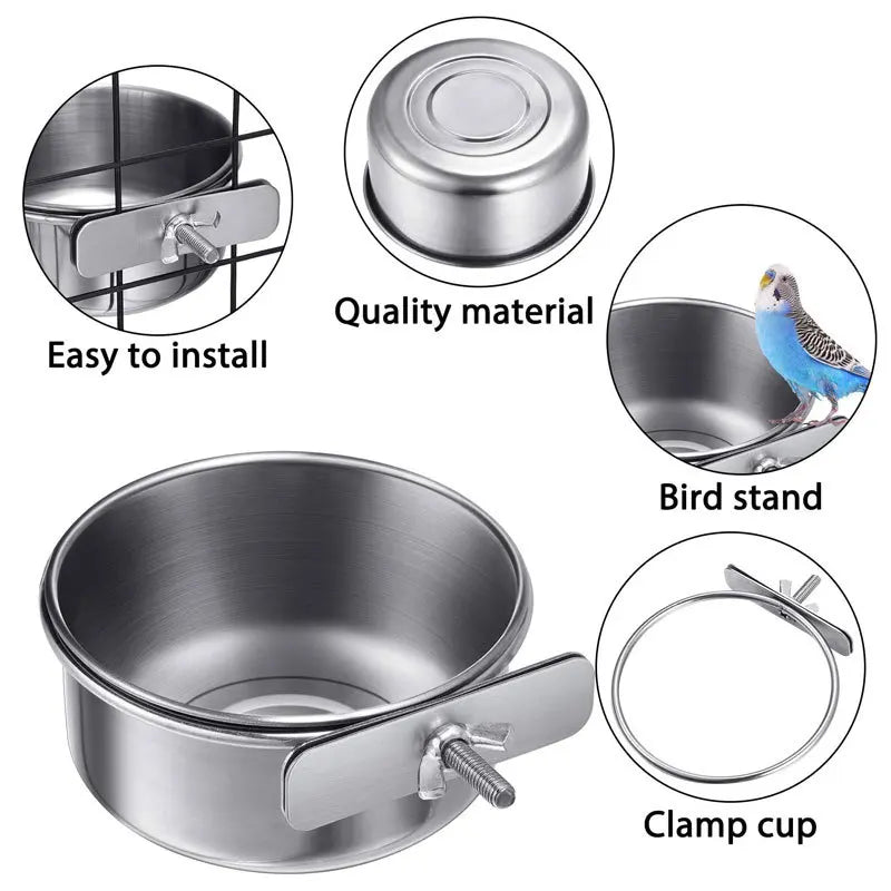 Rabbit Pet Food Dish Hamster Stainless Steel Clamp-on Water Drinker Bird Feeder Parrot Feeding Bowl Cage Cup