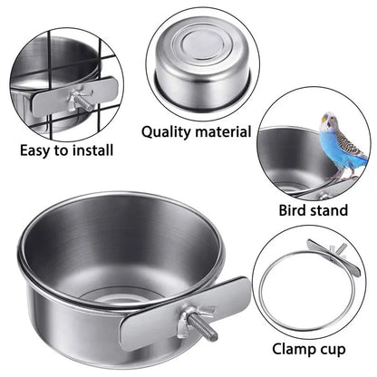 Rabbit Pet Food Dish Hamster Stainless Steel Clamp-on Water Drinker Bird Feeder Parrot Feeding Bowl Cage Cup