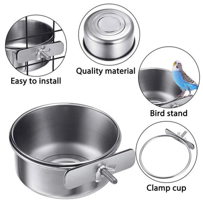 Rabbit Pet Food Dish Hamster Stainless Steel Clamp-on Water Drinker Bird Feeder Parrot Feeding Bowl Cage Cup